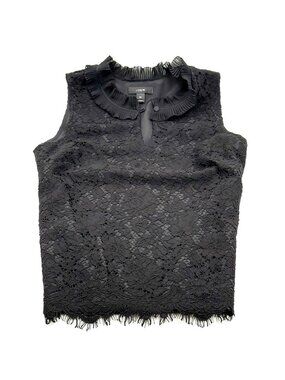 J.Crew Black Floral Lace Sleeveless Top Ruffle Neck Women's Size Petite Small
